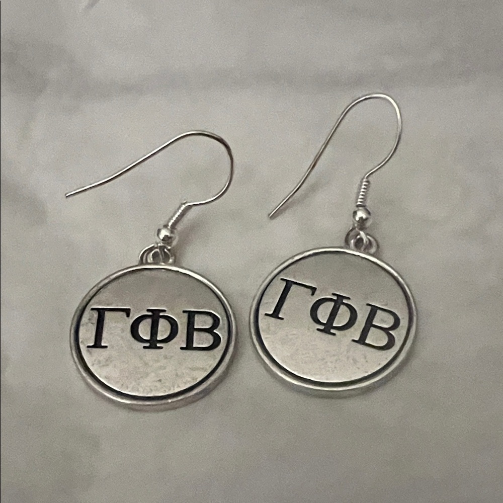 Silver Gamma Phi Beta Sorority dangled earrings.